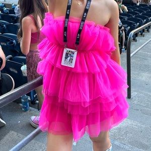 Pink Strapless Tulle Ruffle Dress